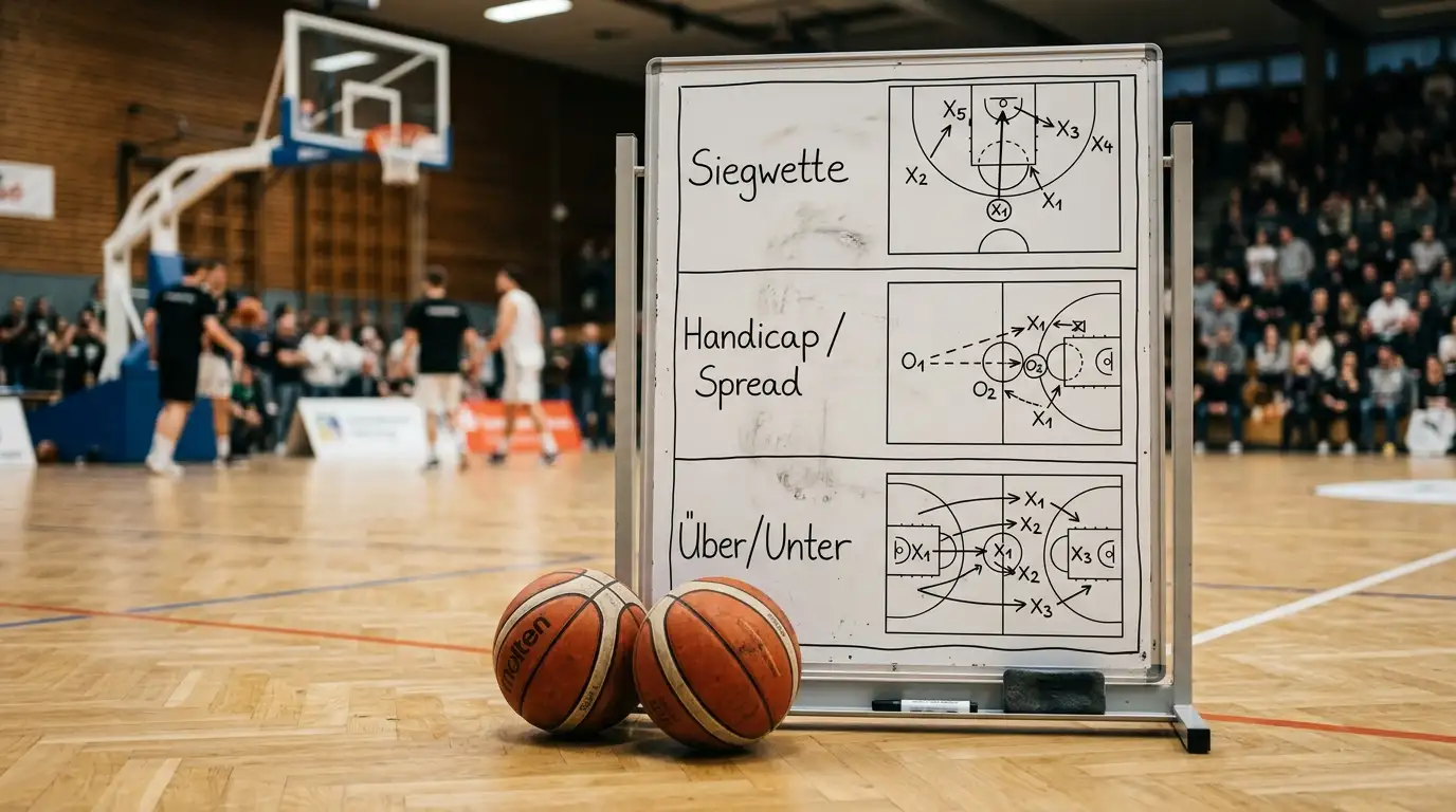 Taktiktafel mit Basketball zeigt die Wettarten Siegwette, Handicap und Über/Unter in deutscher Beschriftung